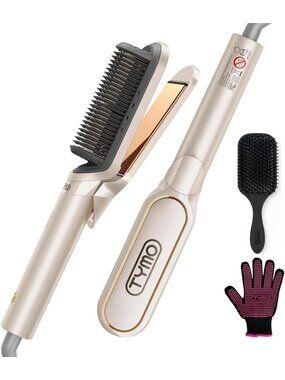 2-in-1 Hair Straightener Brush & Hot Comb, Ceramic Anti-Frizz, Dual Voltage
